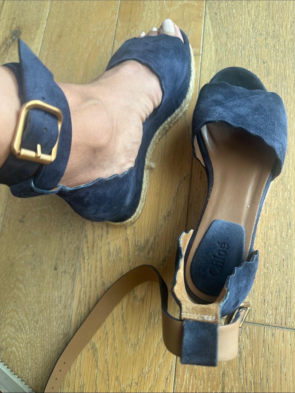Chloe Navy Suede Scallop Front Wedge with Tan Leather Ankle Strap